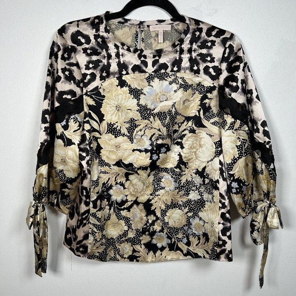 Rebecca Taylor Top Womens Gold Leaf Fleur Silk Long Sleeve Blouse Beige Sz 6 - Picture 2 of 8